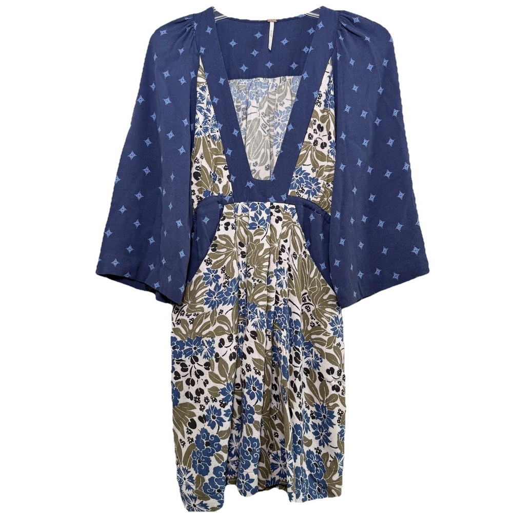 Free People Boho Floral V-Neck Kimono Sleeve Mini Dress SMALL Blue Green
